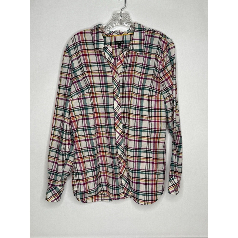 Talbots Button Up Long Sleeve Shirt Womens L Multicolor Colorful Plaid Jewel